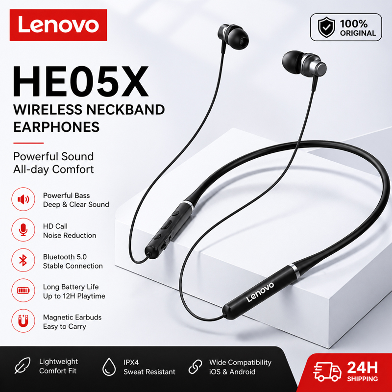 Magnetic Neckband Sports Earphones - Auricolari Bluetooth Lenovo HE05X originali al